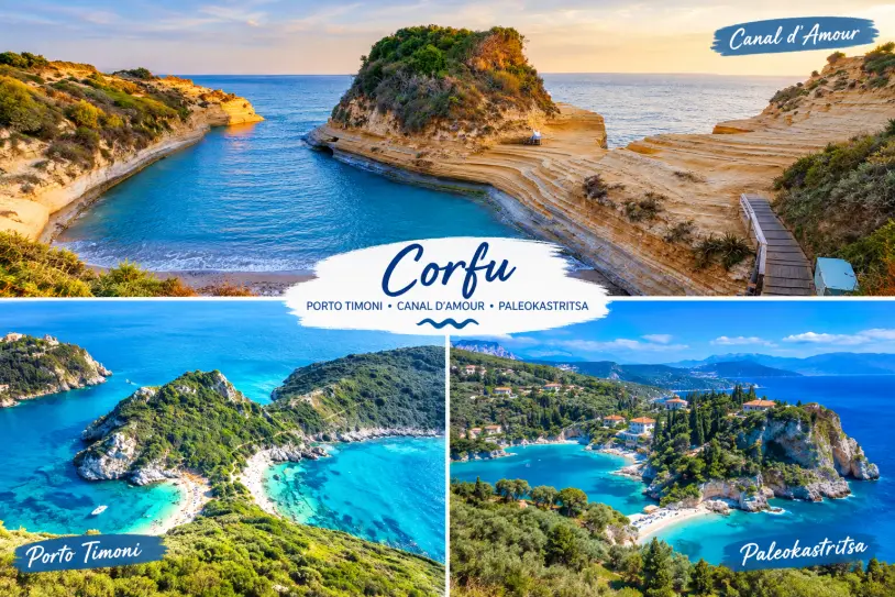 Aerial view of Porto Timoni's twin beaches on Corfu's north-west coast