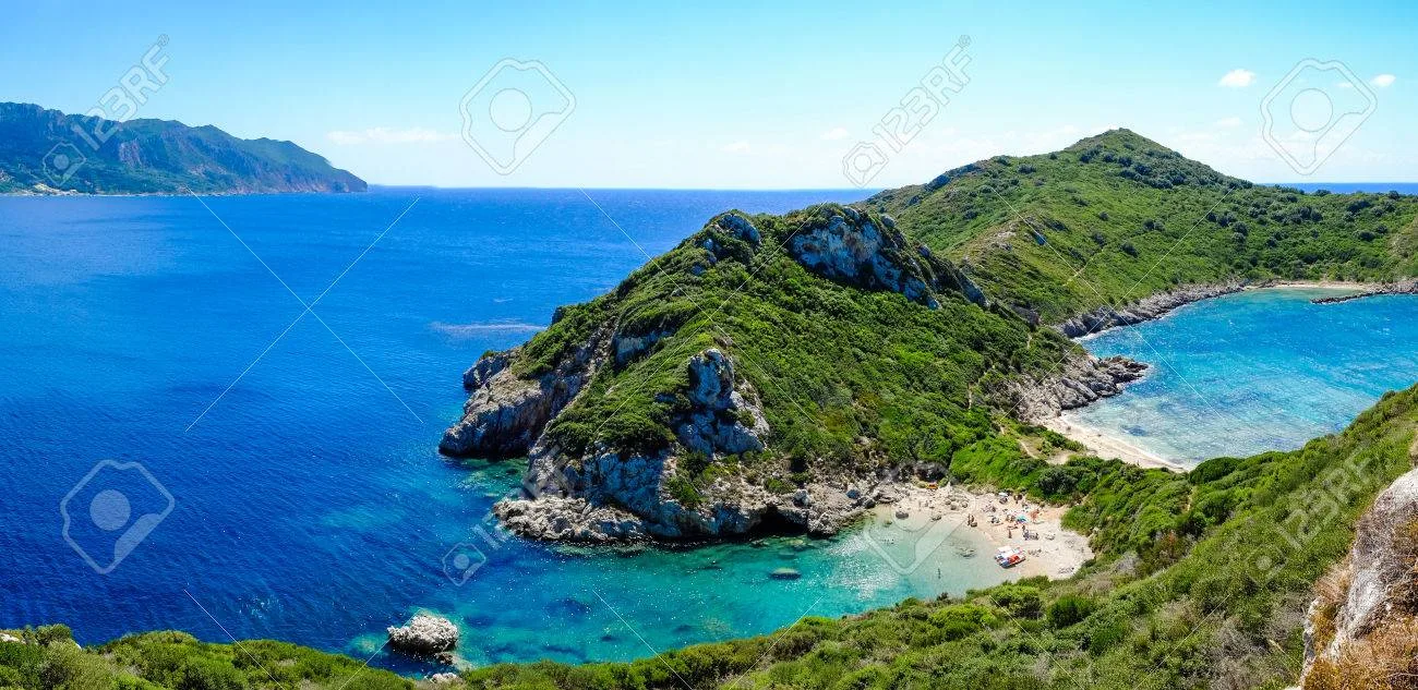 Aerial view of Porto Timoni's twin beaches on Corfu's north-west coast